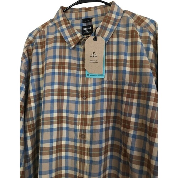 NEW Prana Flannel Button Up Shirt Sandbar Mens XXL Slim Fit 2XL Browns Blue NWT - Picture 2 of 6